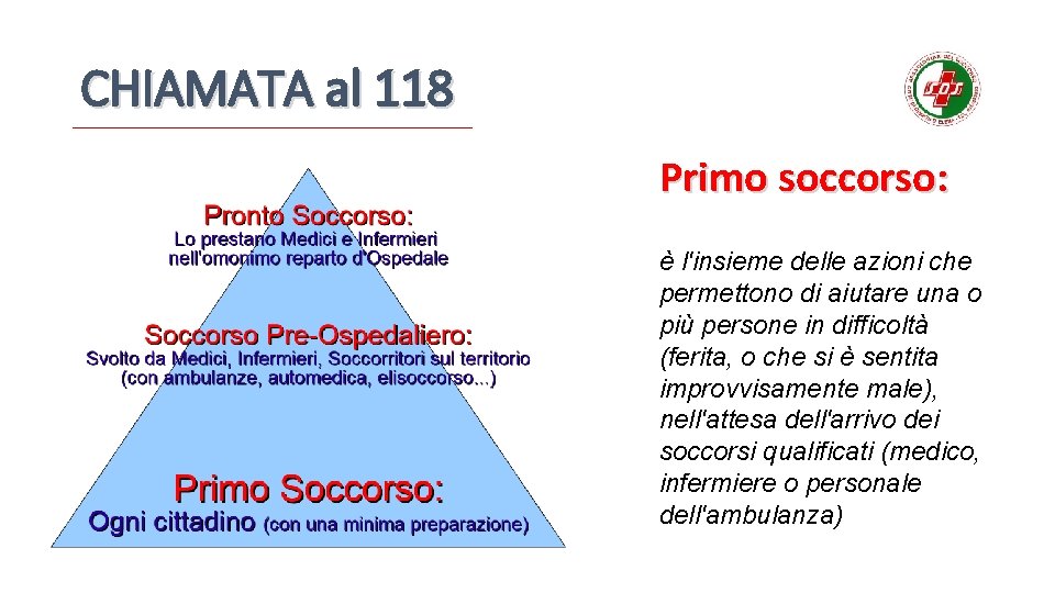 CHIAMATA al 118 Primo soccorso: è l'insieme delle azioni che permettono di aiutare una