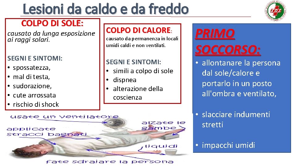 Lesioni da caldo e da freddo COLPO DI SOLE: causato da lunga esposizione ai