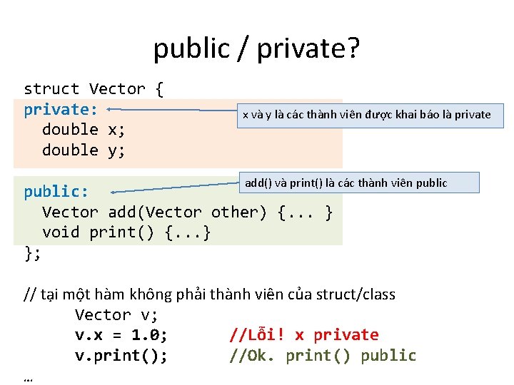 public / private? struct Vector { private: double x; double y; x và y