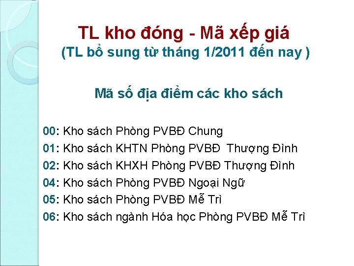 TL kho đóng Mã xếp giá (TL bổ sung từ tháng 1/2011 đến nay