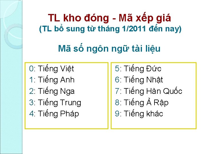 TL kho đóng Mã xếp giá (TL bổ sung từ tháng 1/2011 đến nay)