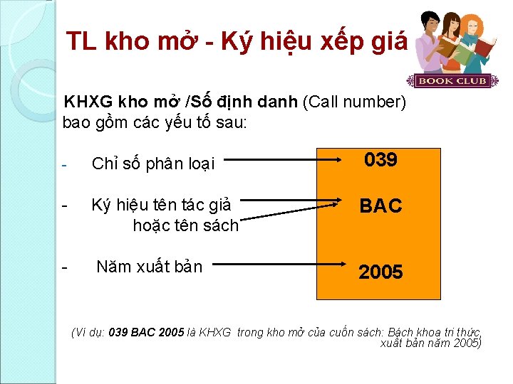 TL kho mở Ký hiệu xếp giá KHXG kho mở /Số định danh (Call