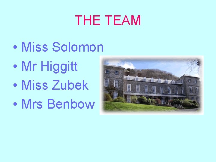 THE TEAM • Miss Solomon • Mr Higgitt • Miss Zubek • Mrs Benbow