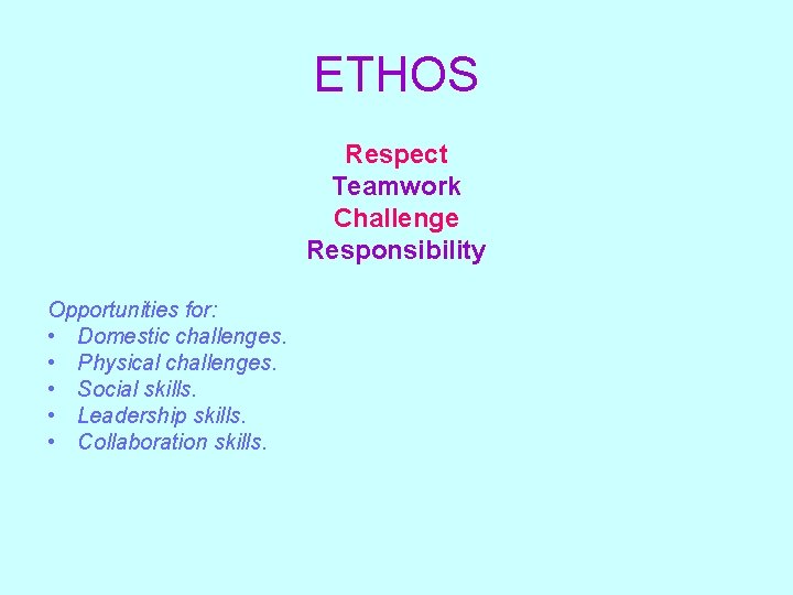 ETHOS Respect Teamwork Challenge Responsibility Opportunities for: • Domestic challenges. • Physical challenges. •
