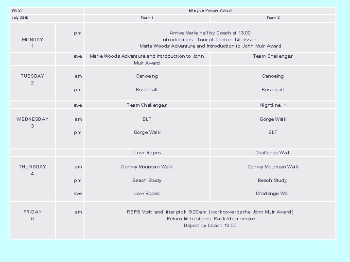 Wk 27 Ettington Primary School July 2019 Team 1 MONDAY 1 pm eve TUESDAY