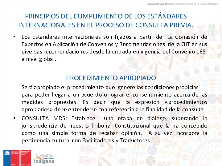 PRINCIPIOS DEL CUMPLIMIENTO DE LOS ESTÁNDARES INTERNACIONALES EN EL PROCESO DE CONSULTA PREVIA. •