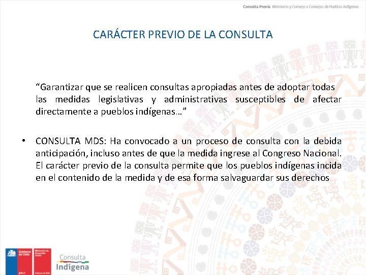 CARÁCTER PREVIO DE LA CONSULTA “Garantizar que se realicen consultas apropiadas antes de adoptar