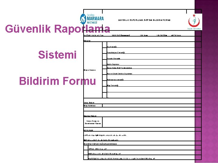  GÜVENLİK RAPORLAMA SİSTEMİ BİLDİRİM FORMU Güvenlik Raporlama DOKÜMAN KODU: GR. FR. 01 YAYIN