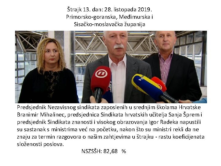 Štrajk 13. dan: 28. listopada 2019. Primorsko-goranska, Međimurska i Sisačko-moslavačka županija Predsjednik Nezavisnog sindikata