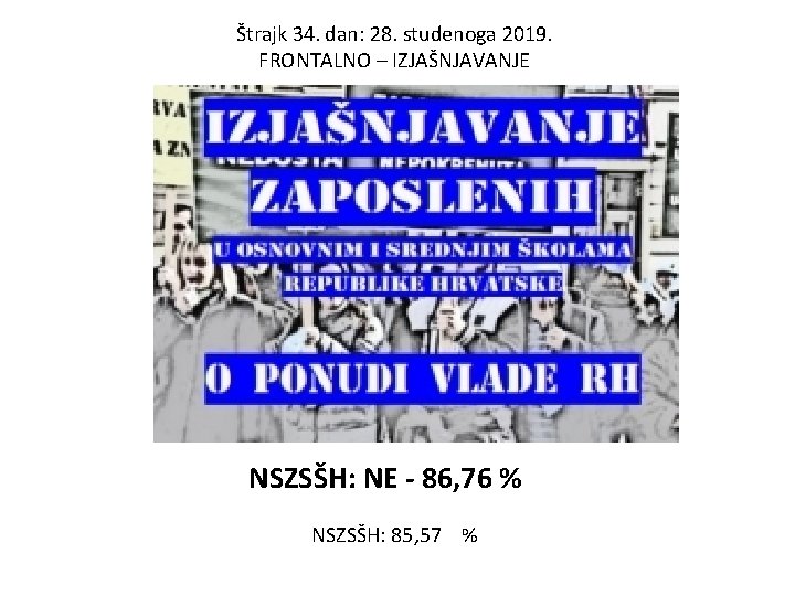 Štrajk 34. dan: 28. studenoga 2019. FRONTALNO – IZJAŠNJAVANJE NSZSŠH: NE - 86, 76