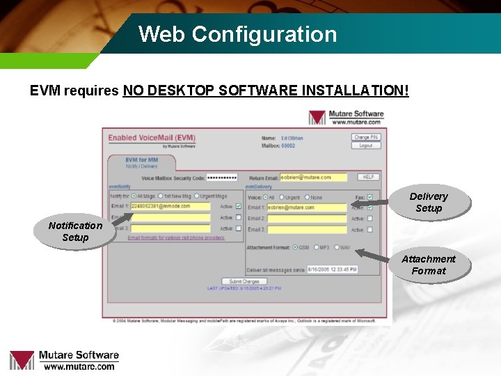 Web Configuration EVM requires NO DESKTOP SOFTWARE INSTALLATION! Delivery Setup Notification Setup Attachment Format