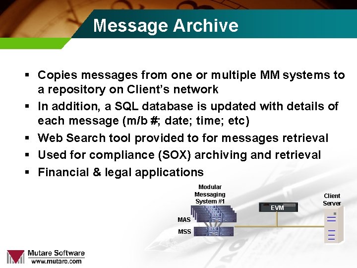 Message Archive § Copies messages from one or multiple MM systems to a repository