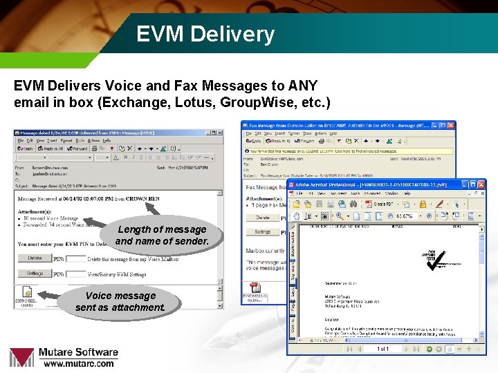 EVM Delivery EVM Delivers Voice and Fax Messages to ANY email in box (Exchange,