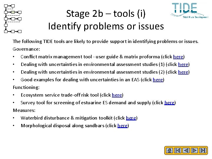 Stage 2 b – tools (i) Identify problems or issues The following TIDE tools
