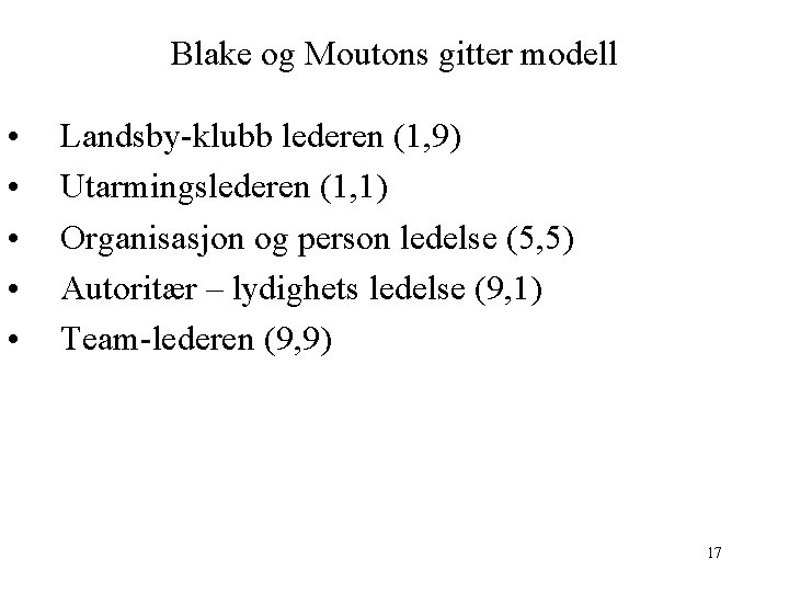 Blake og Moutons gitter modell • • • Landsby-klubb lederen (1, 9) Utarmingslederen (1,