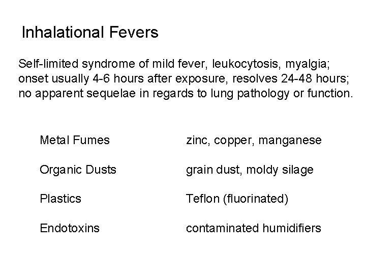 Inhalational Fevers Self-limited syndrome of mild fever, leukocytosis, myalgia; onset usually 4 -6 hours