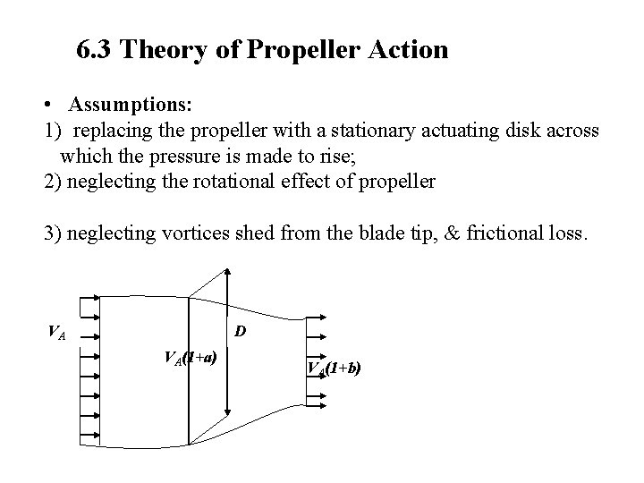 6. 3 Theory of Propeller Action • Assumptions: 1) replacing the propeller with a