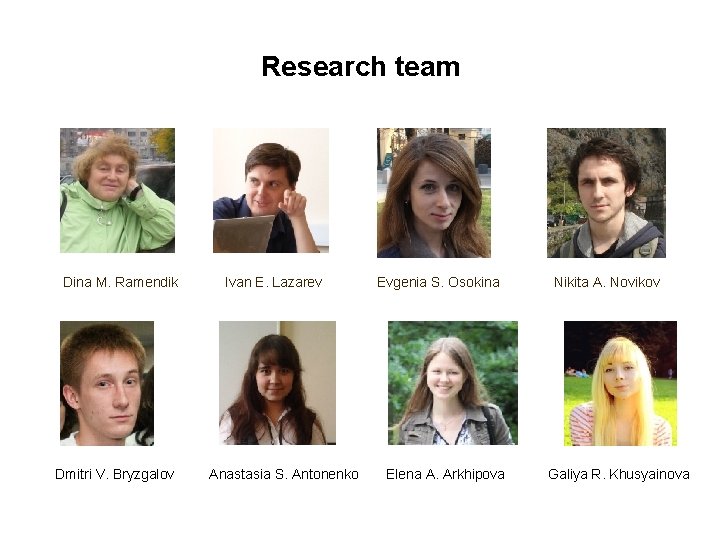 Research team Dina M. Ramendik Dmitri V. Bryzgalov Ivan E. Lazarev Anastasia S. Antonenko