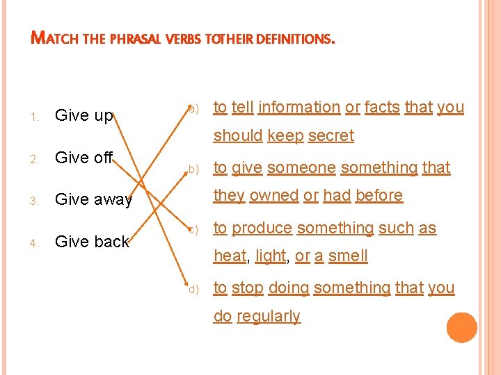 MATCH THE PHRASAL VERBS TOTHEIR DEFINITIONS. 1. Give up a) to tell information or