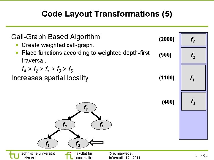 TU Dortmund Code Layout Transformations (5) Call-Graph Based Algorithm: § Create weighted call-graph. §