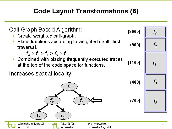 TU Dortmund Code Layout Transformations (6) Call-Graph Based Algorithm: § Create weighted call-graph. §