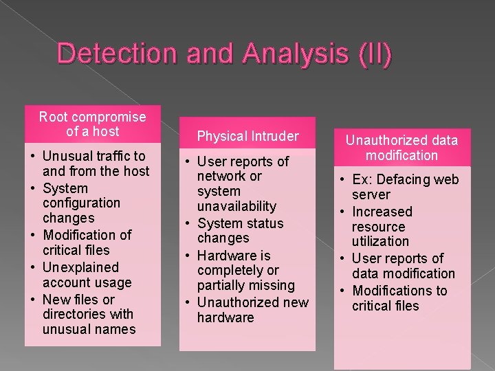 Detection and Analysis (II) Root compromise of a host • Unusual traffic to and