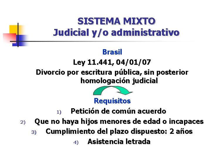 SISTEMA MIXTO Judicial y/o administrativo Brasil Ley 11. 441, 04/01/07 Divorcio por escritura pública, SISTEMA MIXTO Judicial y/o administrativo Brasil Ley 11. 441, 04/01/07 Divorcio por escritura pública,