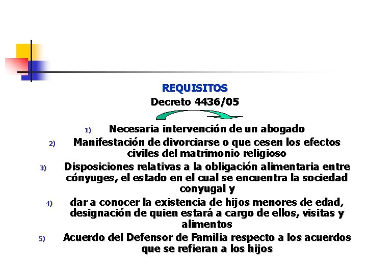 REQUISITOS Decreto 4436/05 Necesaria intervención de un abogado Manifestación de divorciarse o que cesen REQUISITOS Decreto 4436/05 Necesaria intervención de un abogado Manifestación de divorciarse o que cesen