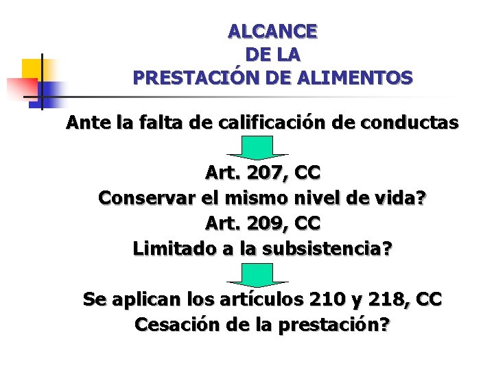 ALCANCE DE LA PRESTACIÓN DE ALIMENTOS Ante la falta de calificación de conductas Art. ALCANCE DE LA PRESTACIÓN DE ALIMENTOS Ante la falta de calificación de conductas Art.
