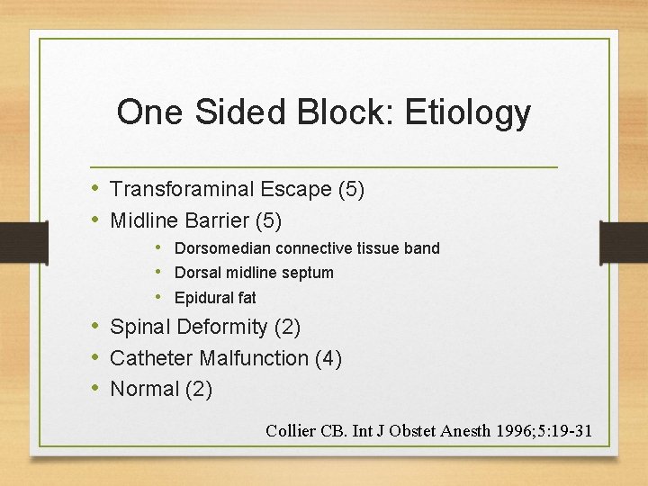 One Sided Block: Etiology • Transforaminal Escape (5) • Midline Barrier (5) • Dorsomedian