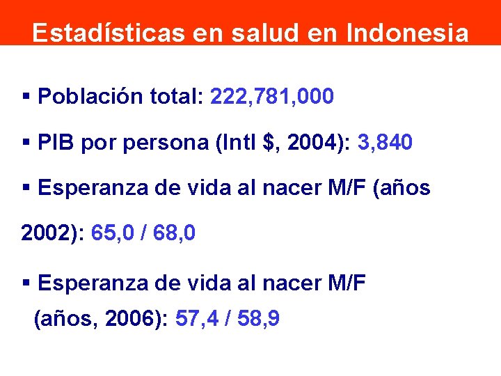 Estadísticas en salud en Indonesia § Población total: 222, 781, 000 § PIB por
