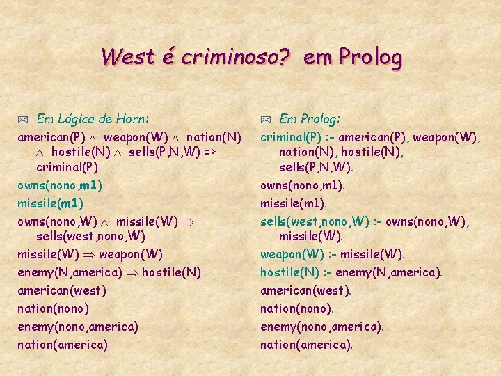 West é criminoso? em Prolog Em Lógica de Horn: american(P) weapon(W) nation(N) hostile(N) sells(P,