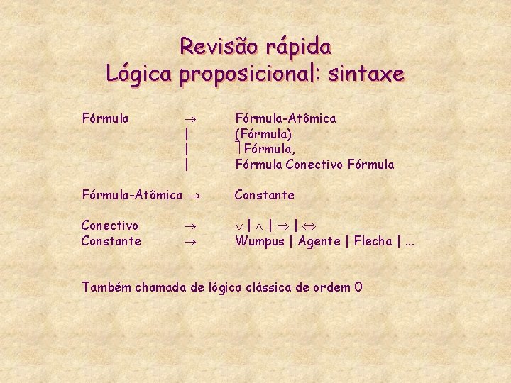 Revisão rápida Lógica proposicional: sintaxe Fórmula ® | | | Fórmula-Atômica (Fórmula) ù Fórmula,