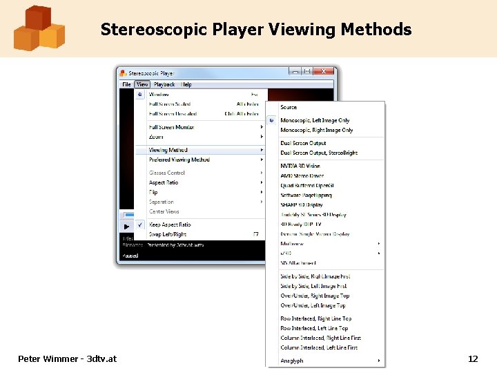 Stereoscopic Player Viewing Methods Peter Wimmer - 3 dtv. at 12 