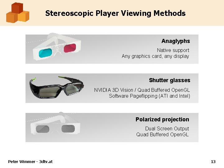 Stereoscopic Player Viewing Methods Anaglyphs Native support Any graphics card, any display Shutter glasses