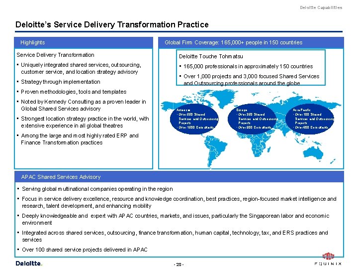 Deloitte Capabilities Deloitte’s Service Delivery Transformation Practice Highlights Global Firm Coverage: 165, 000+ people