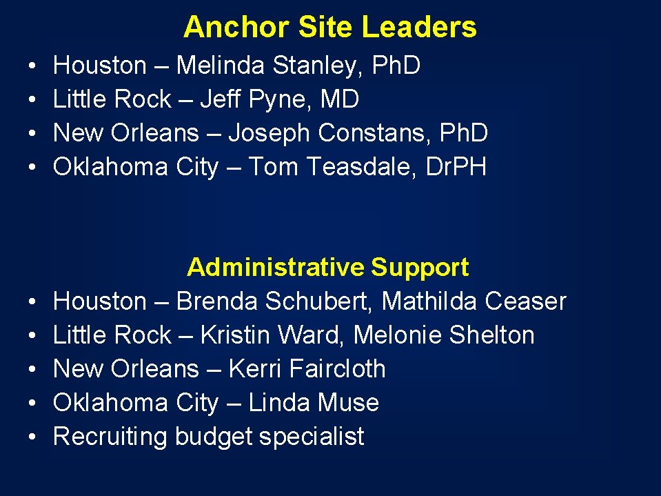 Anchor Site Leaders • • Houston – Melinda Stanley, Ph. D Little Rock – Anchor Site Leaders • • Houston – Melinda Stanley, Ph. D Little Rock –