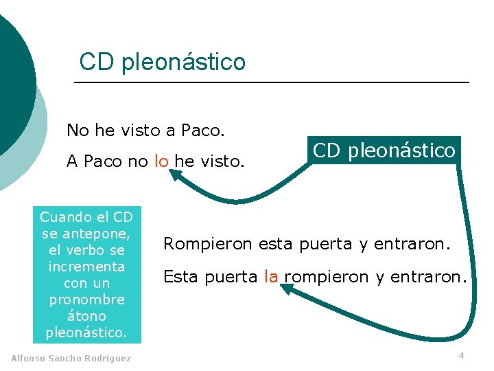 CD pleonástico No he visto a Paco. A Paco no lo he visto. Cuando