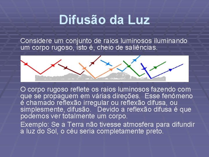 Difusão da Luz Considere um conjunto de raios luminosos iluminando um corpo rugoso, isto