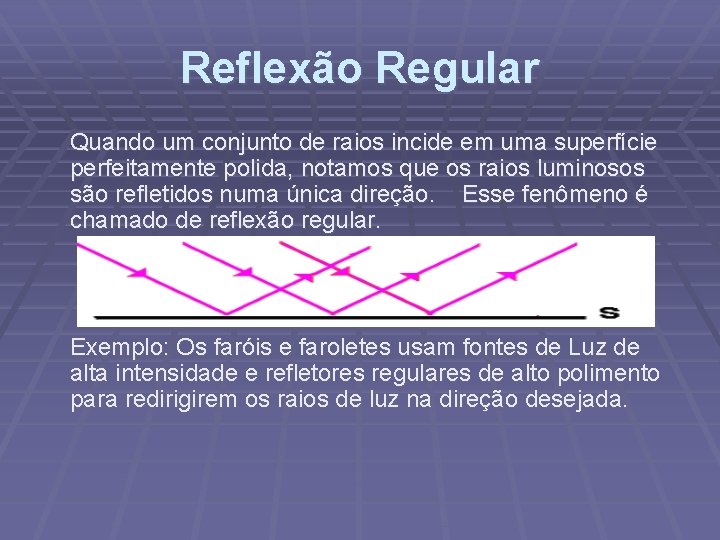 Reflexão Regular Quando um conjunto de raios incide em uma superfície perfeitamente polida, notamos