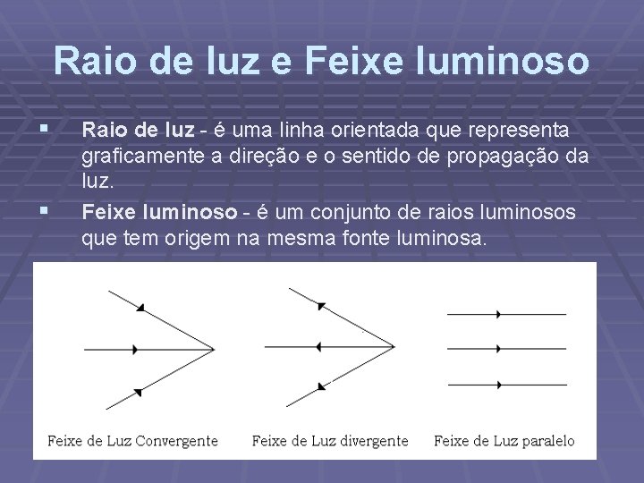 Raio de luz e Feixe luminoso § § Raio de luz - é uma