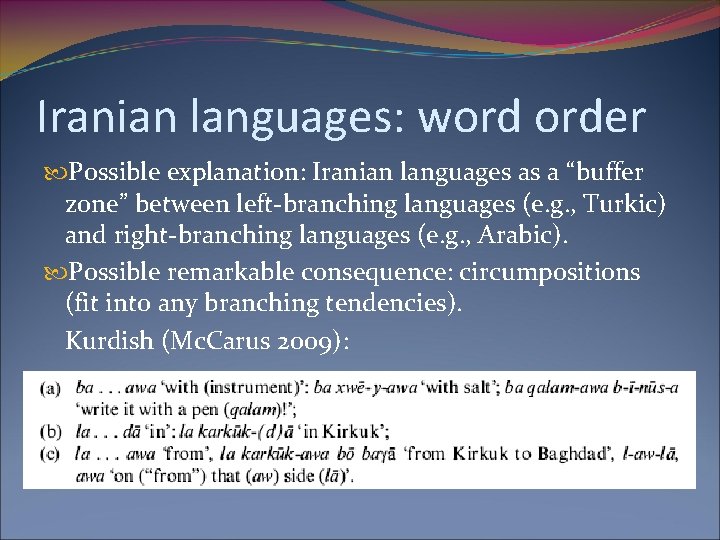 Iranian languages: word order Possible explanation: Iranian languages as a “buffer zone” between left-branching