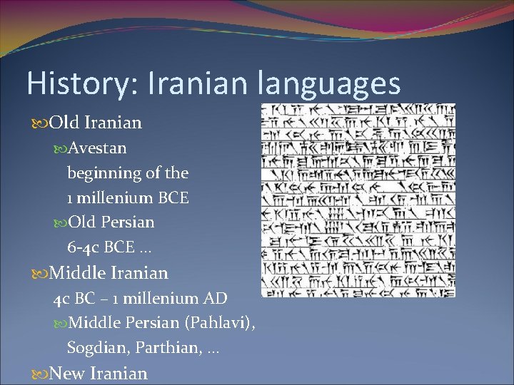 History: Iranian languages Old Iranian Avestan beginning of the 1 millenium BCE Old Persian