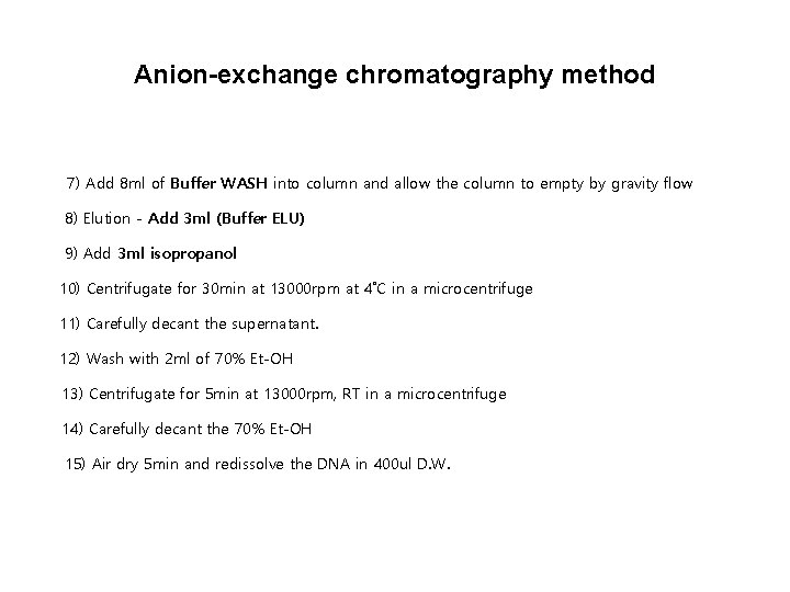 Anion-exchange chromatography method 7) Add 8 ml of Buffer WASH into column and allow Anion-exchange chromatography method 7) Add 8 ml of Buffer WASH into column and allow