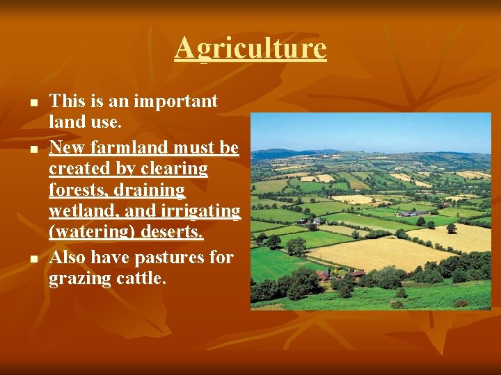 Agriculture n n n This is an important land use. New farmland must be