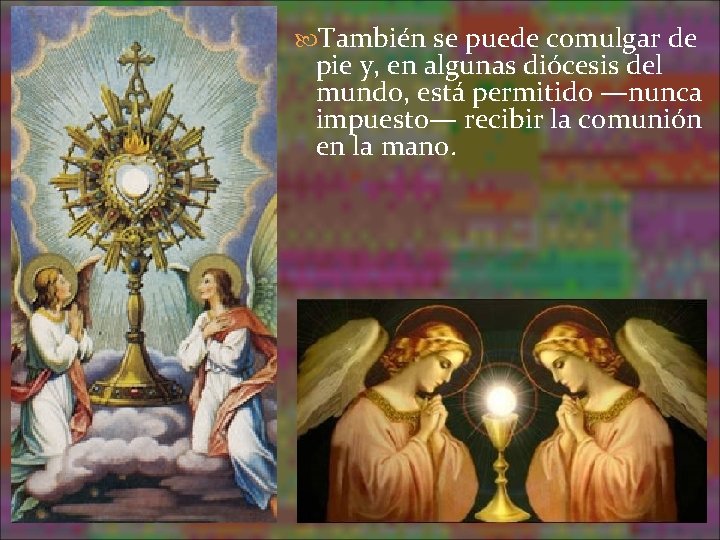 También se puede comulgar de pie y, en algunas diócesis del mundo, está También se puede comulgar de pie y, en algunas diócesis del mundo, está