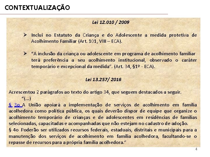 CONTEXTUALIZAÇÃO Lei 12. 010 / 2009 Ø Inclui no Estatuto da Criança e do