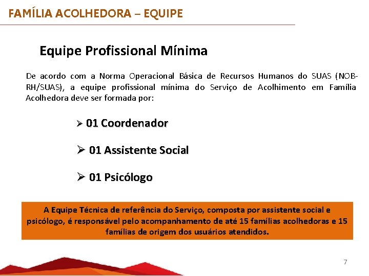 FAMÍLIA ACOLHEDORA – EQUIPE Equipe Profissional Mínima De acordo com a Norma Operacional Básica