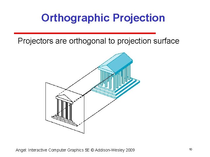 Orthographic Projection Projectors are orthogonal to projection surface Angel: Interactive Computer Graphics 5 E
