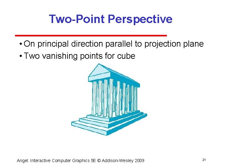 Two-Point Perspective • On principal direction parallel to projection plane • Two vanishing points